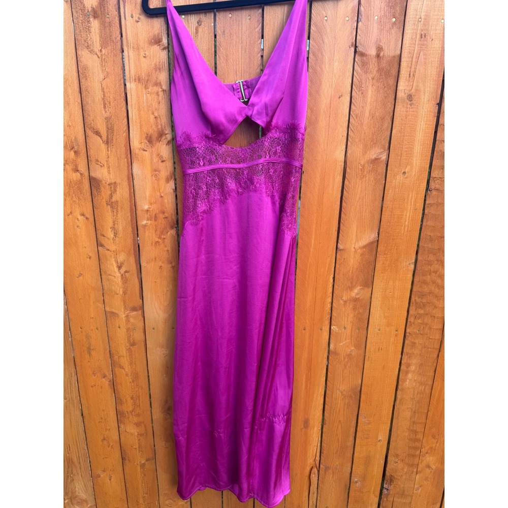 FORE Fuchsia Pink Satin Lace Cutout Midi Dress Small